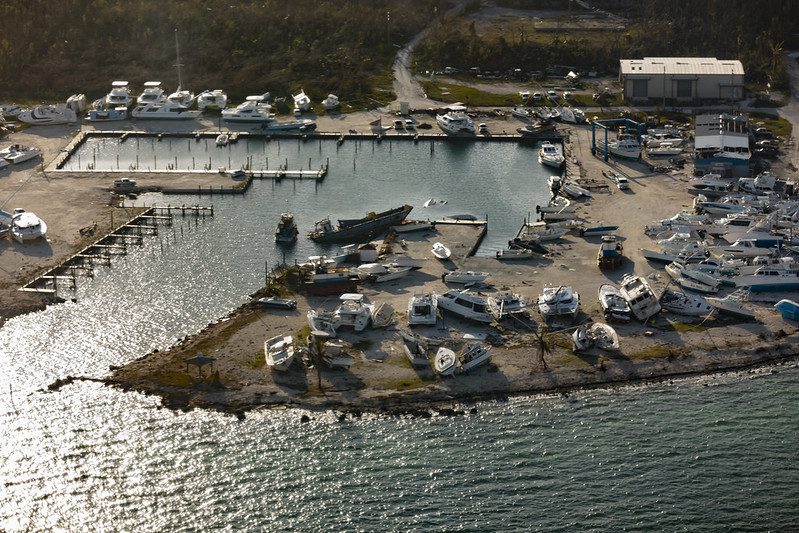 Birds eye-view of port damaged during Hurricane Dorian with boats out of the water